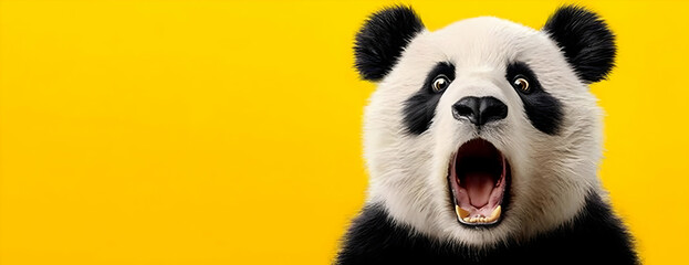 Naklejka premium A surprised panda showcases its vibrant personality, featuring a striking black and white coat against a cheerful yellow background.