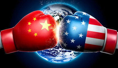 A symbolic representation of global conflict featuring boxing gloves emblazoned with the flags of China and the USA, representing geopolitical tensions.