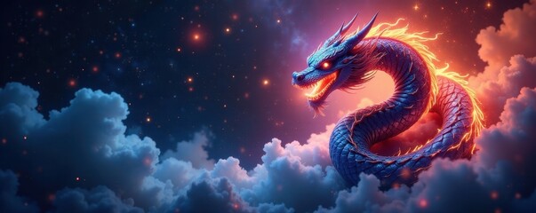 Coiled cosmic dragon, fiery & icy breath, nebula backdrop, fantasy, abstract