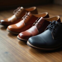 Close-up shot diverse shoe types on wooden surface, heels, wood, macro