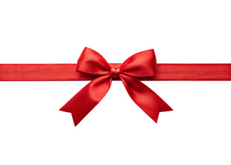 A shiny red satin ribbon bow, isolated on white, suggests a festive Christmas or birthday gift decoration