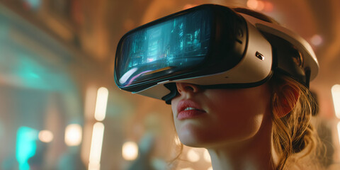 Woman wearing virtual reality headset, experiencing immersive futuristic cityscape scene.  Showcase of VR technology, representing innovation and digital escapism.