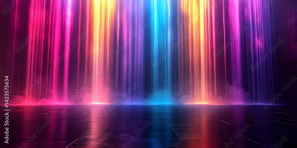 Poster a vibrant display of colorful light beams cascading downwards, creating a mesmerizing waterfall effe