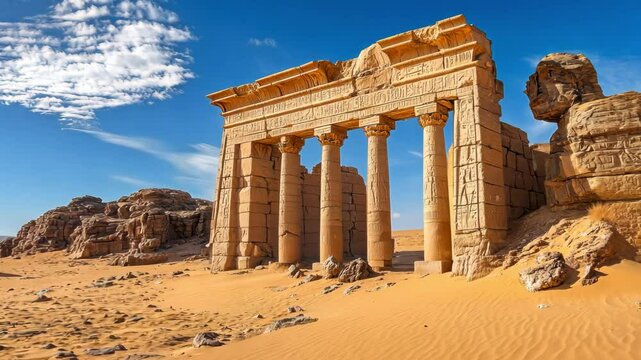 Animation of an ancient desert ruin with weathered stone pillars 