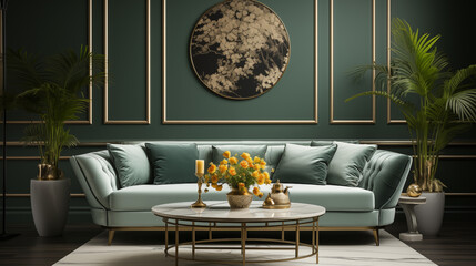 Modern interior design in dark green tones with a painting on the wall.