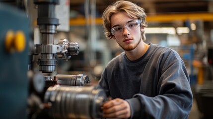 A focused young machine operator is precision crafting metal components on a lathe in a well-lit fabrication shop, demonstrating skilled manual dexterity and concentration.