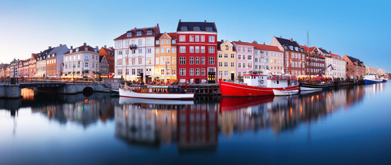 Panorama of Copenhagen canal Nyhavn at night, Denmark