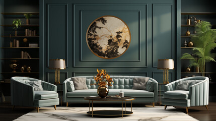 Modern interior design in dark green tones with a painting on the wall.