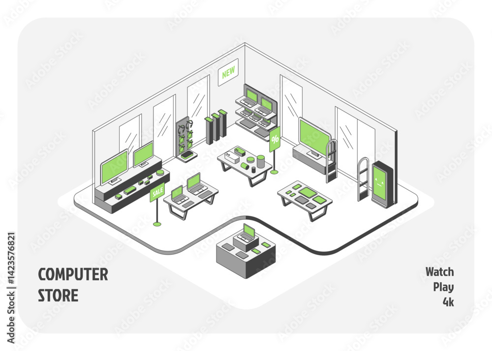 Poster technology computer store interior inside 3d isometric view. vector illustration of shop with smartp