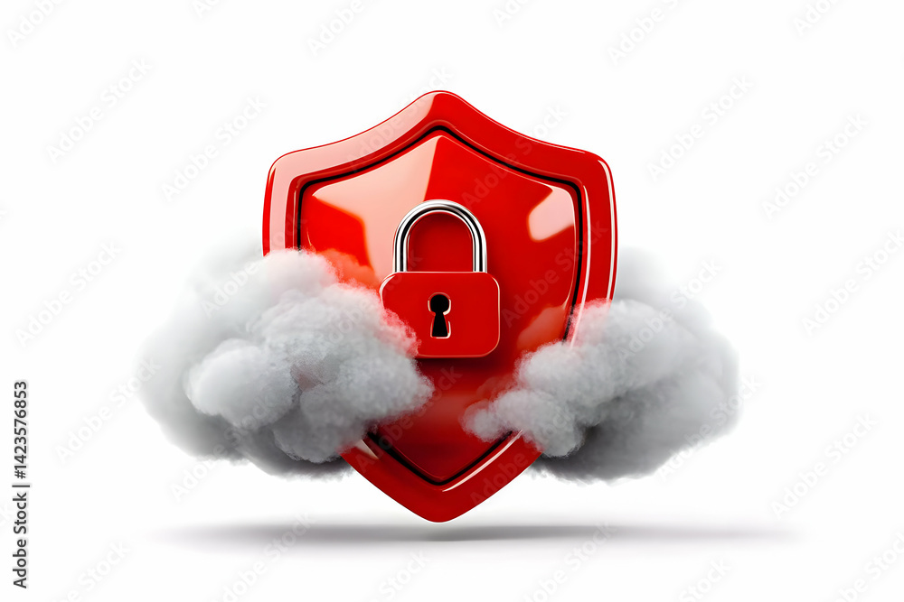 Poster a vibrant red shield with a padlock, symbolizing security and protection against cyber threats, surr