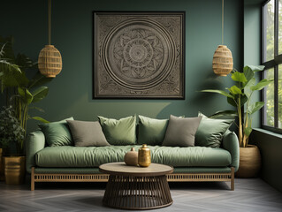 Modern interior design in dark green tones with a painting on the wall.