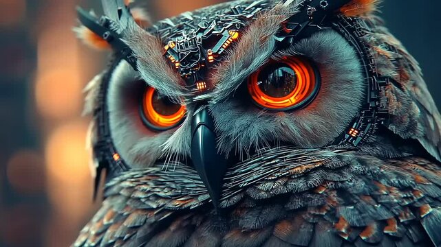 Futuristic owl with glowing eyes perched in a mystical forest, surrounded by ethereal lights