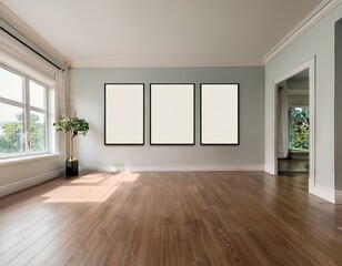 empty room with framed blank posters on wall