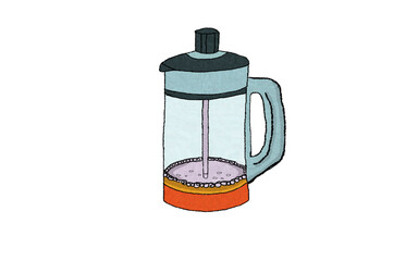 Colorful Illustrated French Press Coffee Maker Isolated on White Background