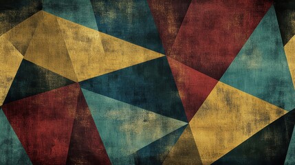 Fototapeta premium Rough-textured wallpaper with burgundy mustard teal triangle backdrop