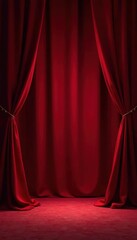 Crimson velvet stage curtains, cutouts reveal backdrop, show, ripped, fabric