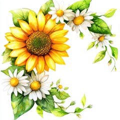Naklejka premium Watercolor Sunflower and Daisies Corner Border