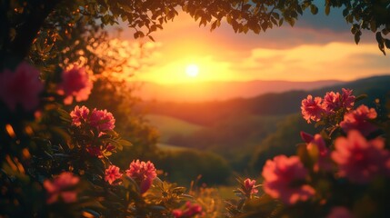 Fototapeta premium Sunset blooms frame mountain view