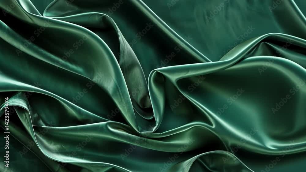 Poster luxurious green satin fabric draped elegantly, showcasing its smooth texture and rich color. folds c