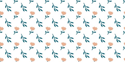 Seamless pattern with hand-drawn pastel flowers and green leaves on white and blue backgrounds, perfect for textile, packaging, wallpaper, wrapping paper and digital design