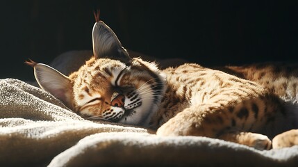Sleeping Lynx Kitten Curled Up on Blanket in Warm Sunlight