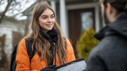 A young woman, wearing a bright orange jacket, is happily talking to a resident during her door-to-door campaign for a local candidate on a crisp day.