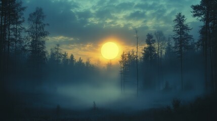 Golden sunrise over a misty forest.