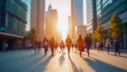 Sunset Walkers in City Streets Surrounded by Tall Buildings
