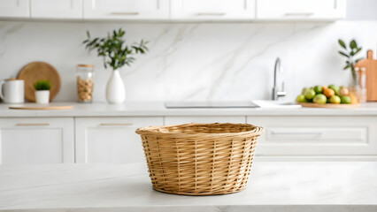 minimalist photo of centered wicker basket on kitchen countertop, surrounded by serene atmosphere and natural light