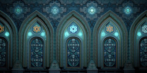 Ornate architectural detail featuring a series of elaborately decorated archways with intricate carvings and symbolic designs.