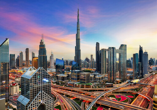 Dubai skyline at dramatic sunset, UAE