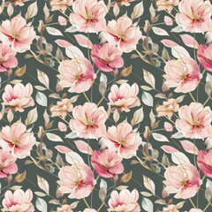 Elegant seamless floral pattern with pastel watercolor roses and foliage on dark green background
