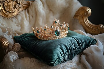 Elegant golden crown with emerald jewels on velvet cushion
