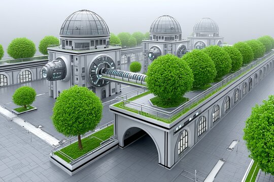 Cyberpunk scene of polluted city transformed into green zone with tech