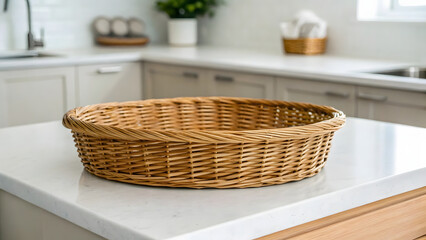 Elegant studio photo of empty wicker basket on kitchen countertop, showcasing its natural texture and design