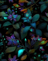 Floral pattern with glowing leaves and blossoms in shades of blue, purple, and green, creating an otherworldly atmosphere.  