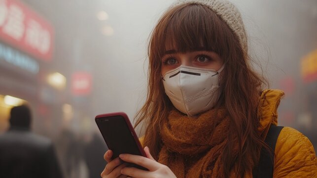 In a bustling urban area, a young woman wearing a protective mask examines her phone for the air quality index information amidst heavy pollution. - Powered by Adobe