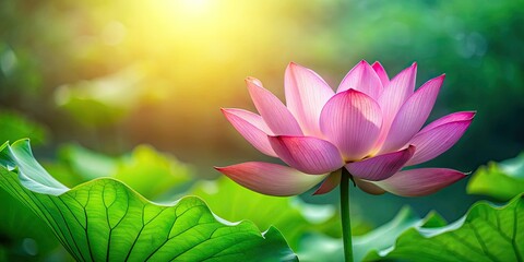 Obraz premium Pink Lotus Flower Panorama, Green Nature Background, Peaceful Pond, Floral Photography, Serene Landscape, Botanical Image, Summer Bloom