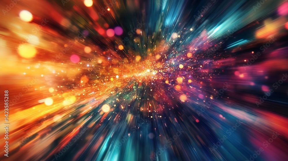 Poster abstract colorful light burst background with vivid sparkling bokeh red dark blue gold speed shiny