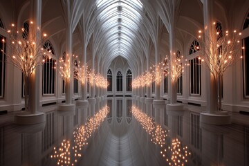 Gothic cathedral interior lit by flickering Holy Spirit fire