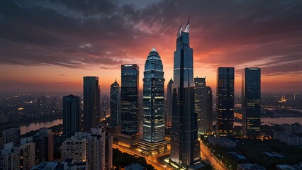Obraz premium Chicago's urban skyline displays a vibrant sunset over its architecture and buildings