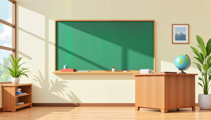 Classroom with green chalkboard and wooden furniture in sunlight  