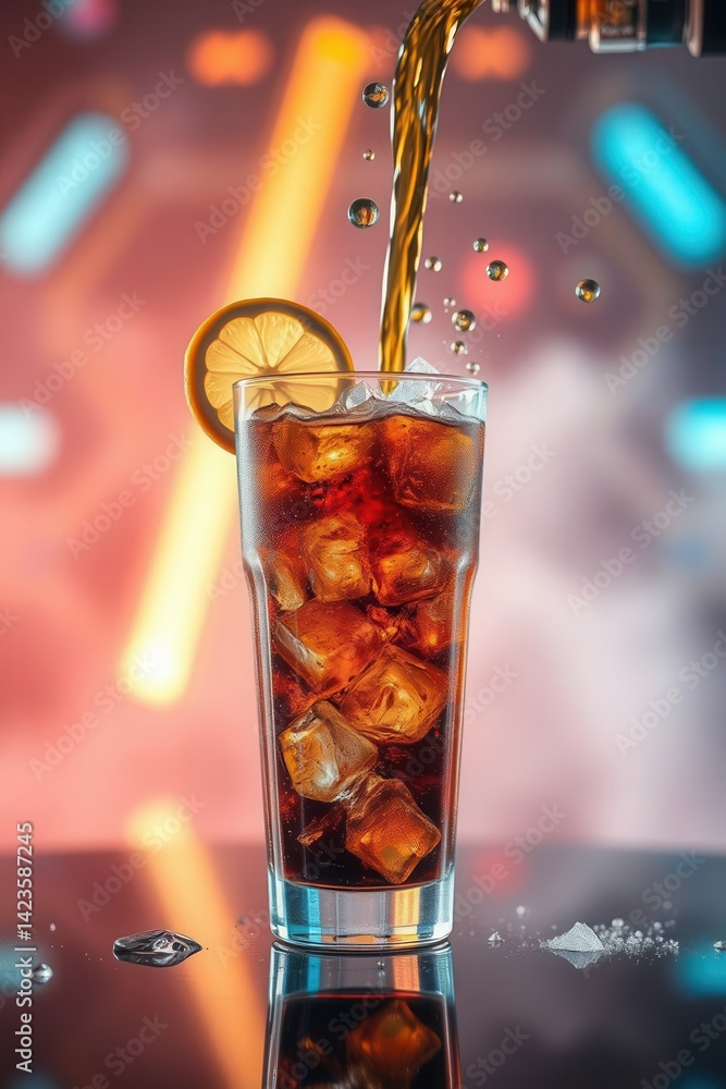 Poster refreshing drink: cola being poured into a glass with ice cubes and a lemon slice on a reflective su