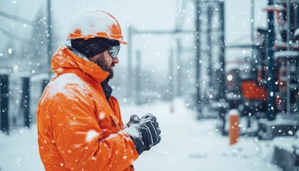 Worker in winter snowstorm