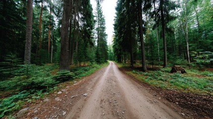 Fototapeta premium Serene Dirt Road Through Lush Green Forest Surrounded by Tall Evergreen Trees and Dappled Sunlight
