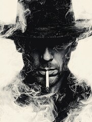 Moody noir-style portrait of a detective with a hat and cigarette capturing the essence of mystery