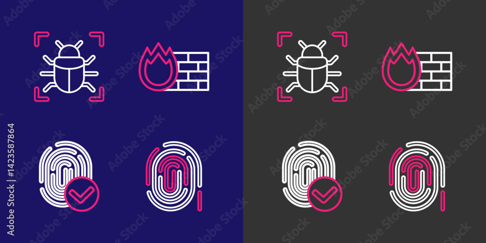 Poster set line fingerprint, firewall, security wall and system bug icon. vector