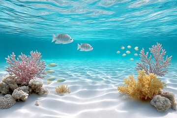 Underwater view of clean ocean floor with fish and seaweed
