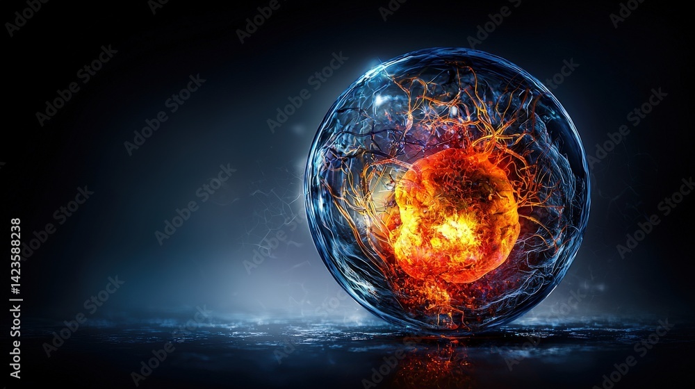 Aufkleber Explosive energy sphere abstract concept digital art dark environment close-up view sci-fi conceptualization