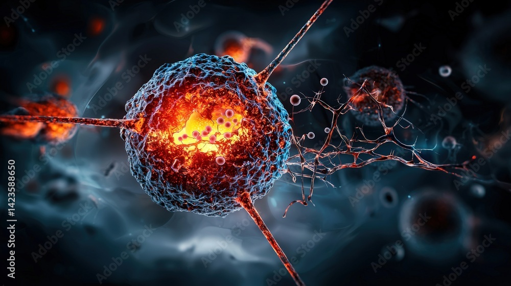 Poster exploring cellular dynamics microscopic study of cancer cells laboratory digital art dark background